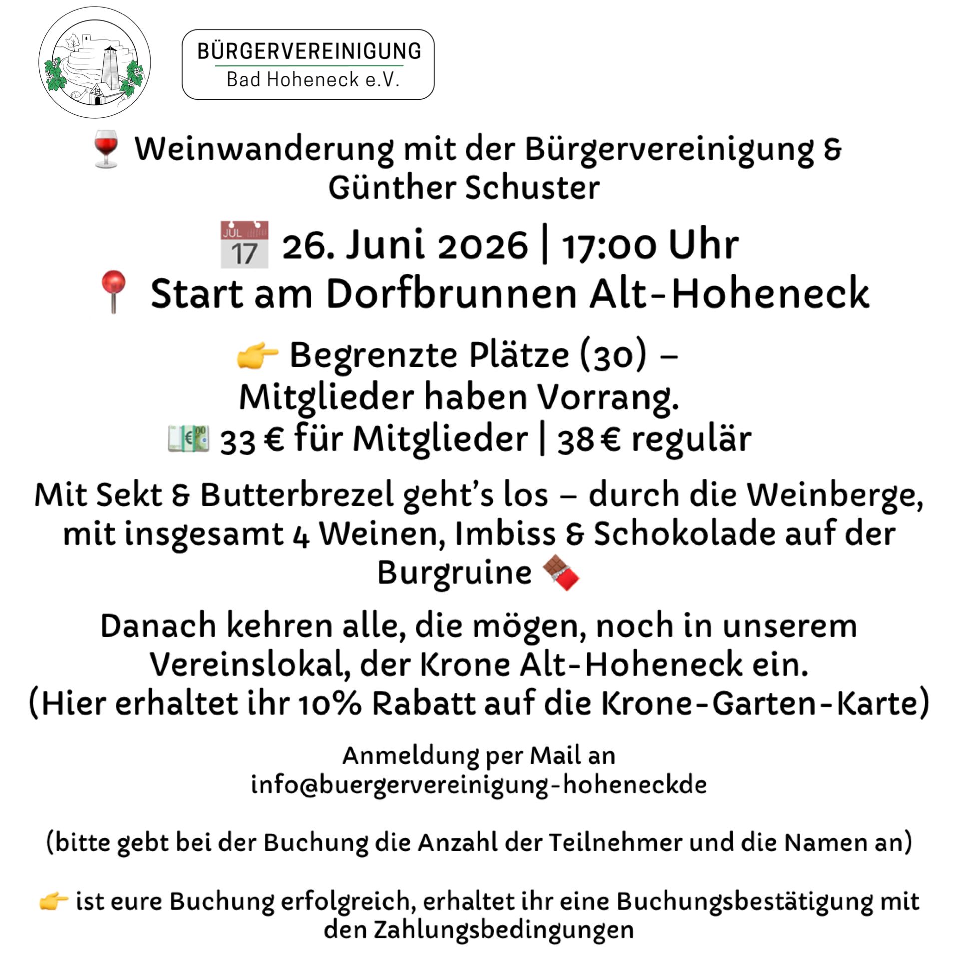 Weinwanderung mit Bürgervereinigung & Günther Schuster am 26. Juni ab 17Uhr